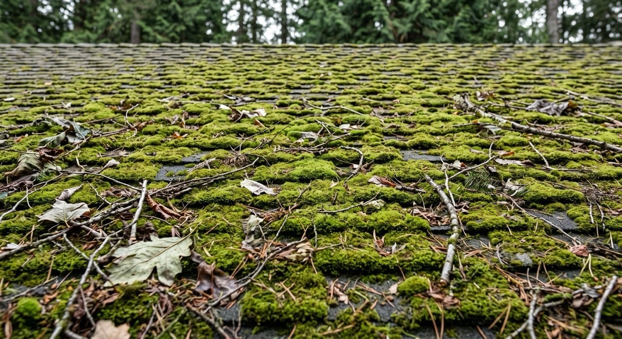 Roof with Thick Moss and Debris