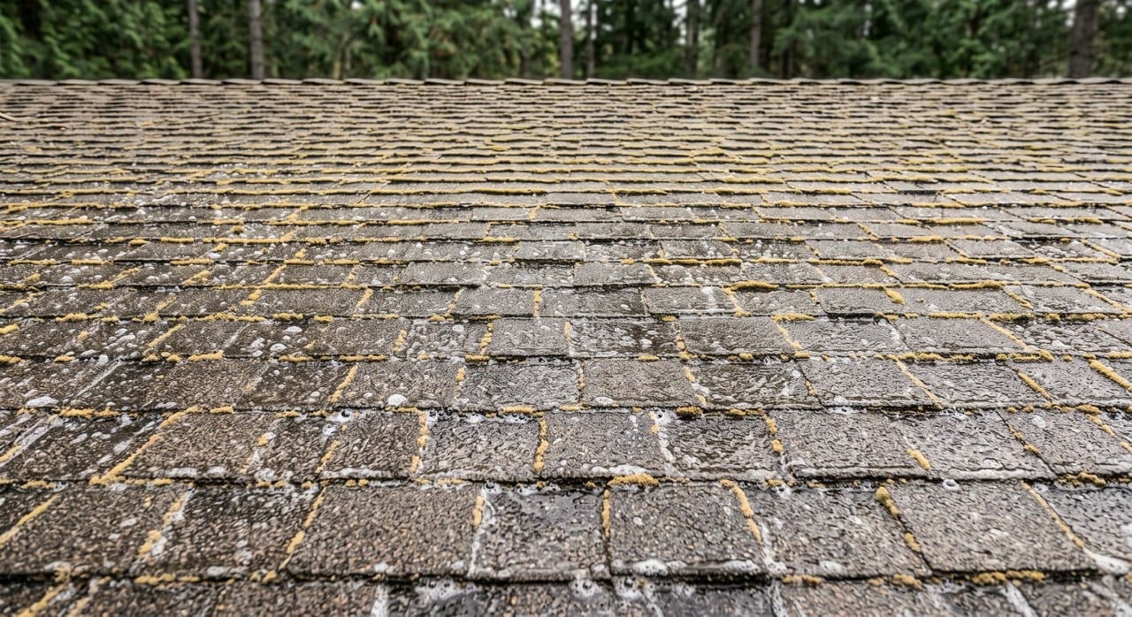 Roof with killed white moss